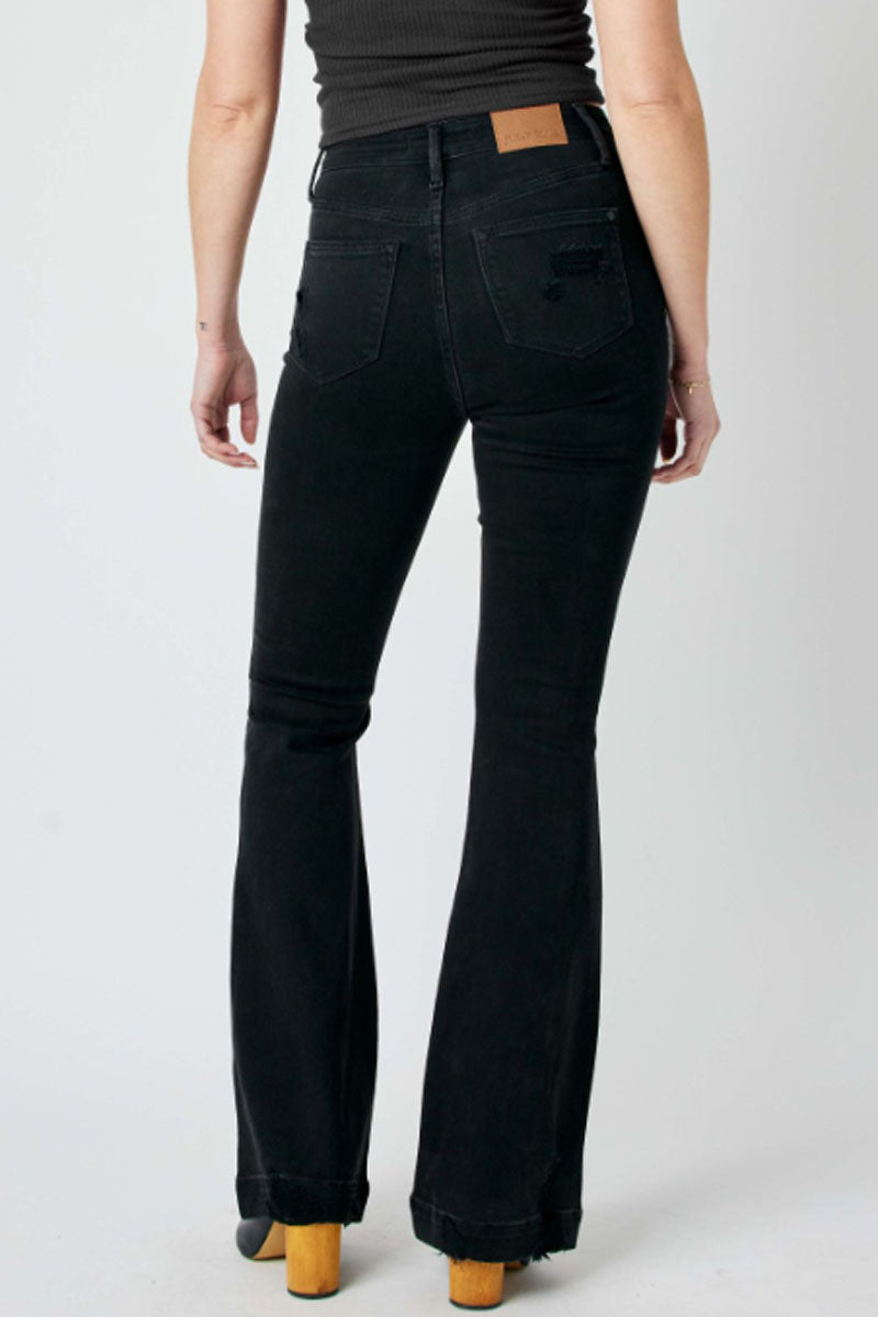 Tummy Control Distressed Black Flare Jeans