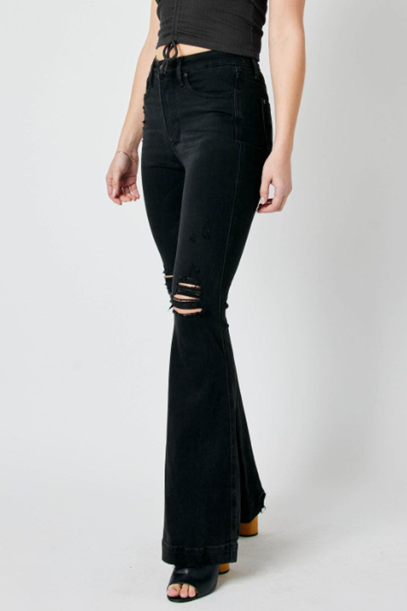 Tummy Control Distressed Black Flare Jeans