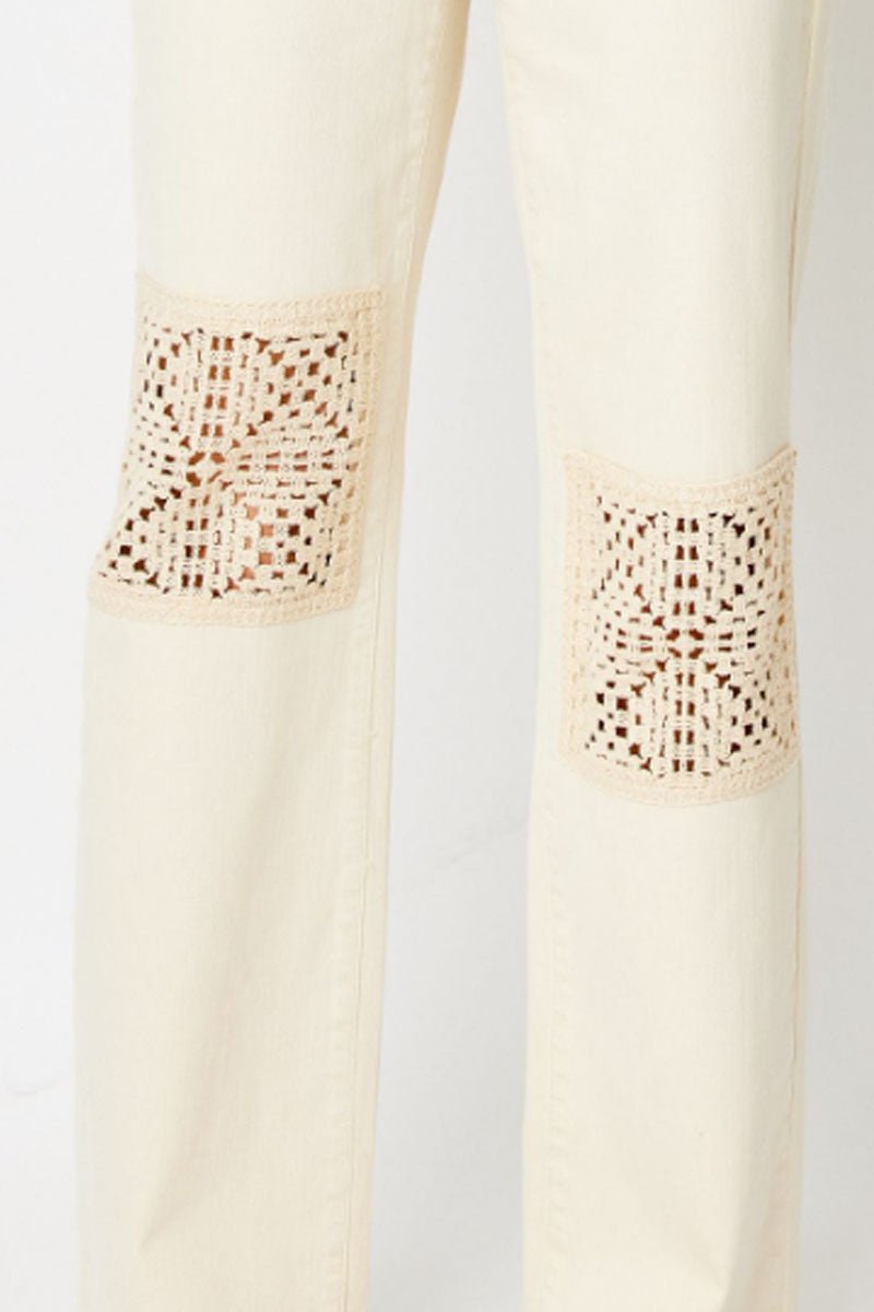 High Waist Garment Dyed Crochet Patches Wide Leg