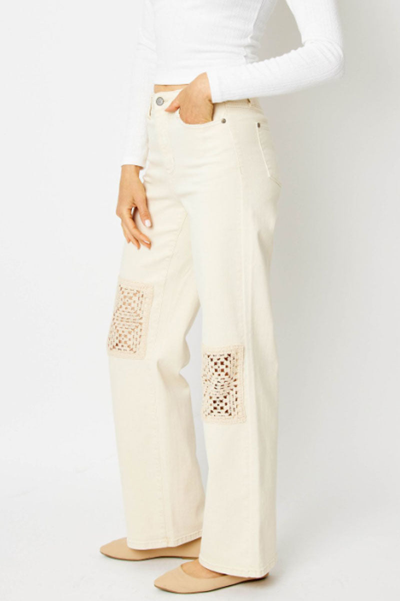 High Waist Garment Dyed Crochet Patches Wide Leg