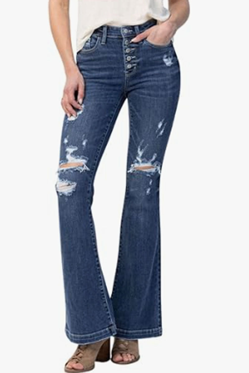 Distressed Wash Fancy Flare Jeans