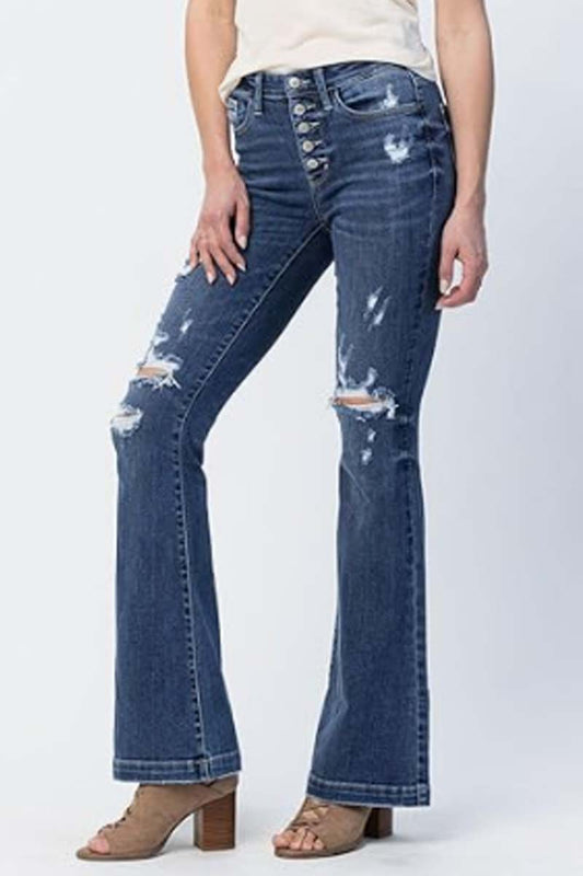 Distressed Wash Fancy Flare Jeans