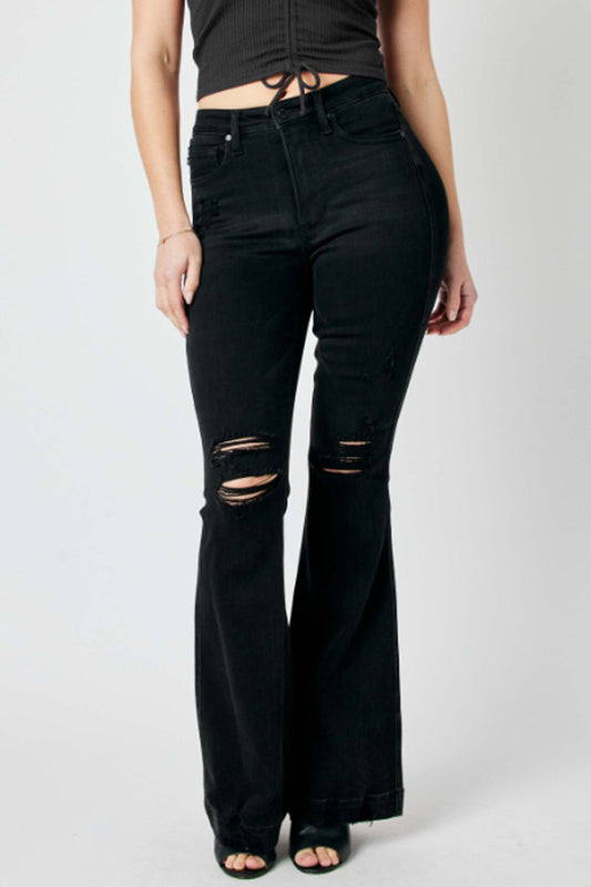 Tummy Control Distressed Black Flare Jeans