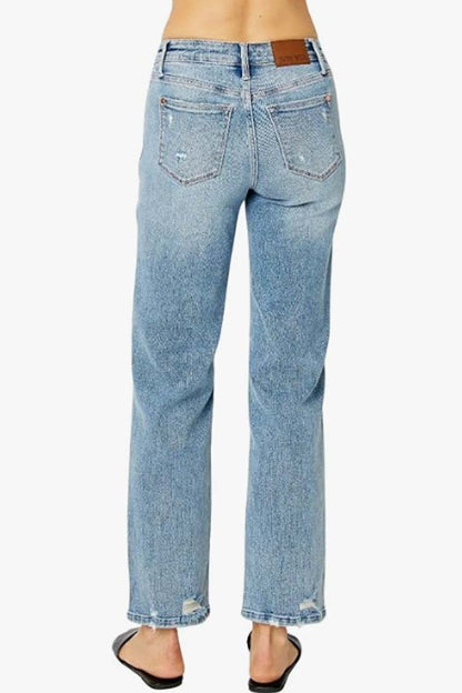 Mid Rise Distressed Straight Leg Jeans