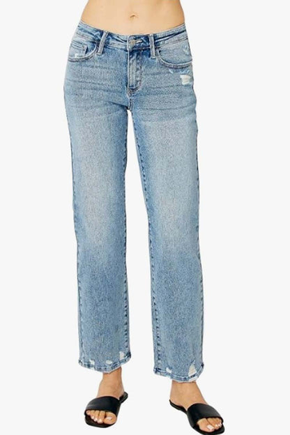 Mid Rise Distressed Straight Leg Jeans