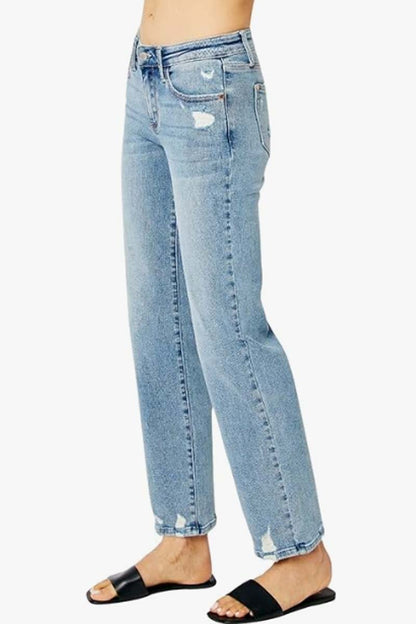 Mid Rise Distressed Straight Leg Jeans