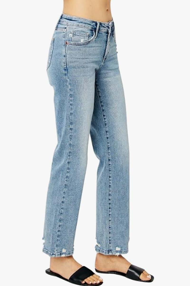 Mid Rise Distressed Straight Leg Jeans