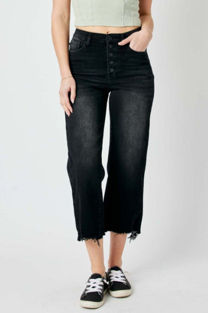 High Waist Raw Hem Wide Leg Crop Jeans