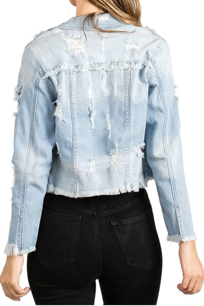 Light Wash Heavy Distressed & Ripped Jean Jacket