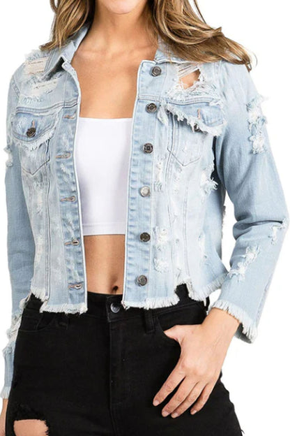 Light Wash Heavy Distressed & Ripped Jean Jacket