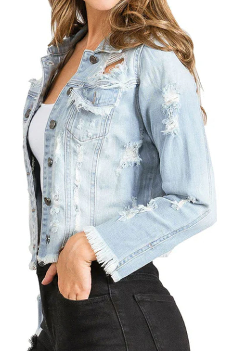 Light Wash Heavy Distressed & Ripped Jean Jacket